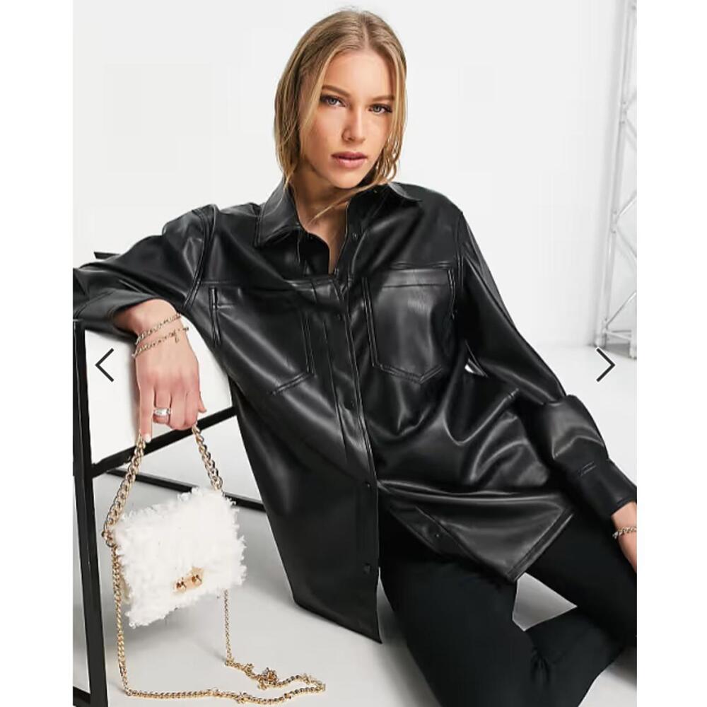 Topshop Black Faux Leather Shacket Size US 8 Oversized Button Front Shirt Jacket